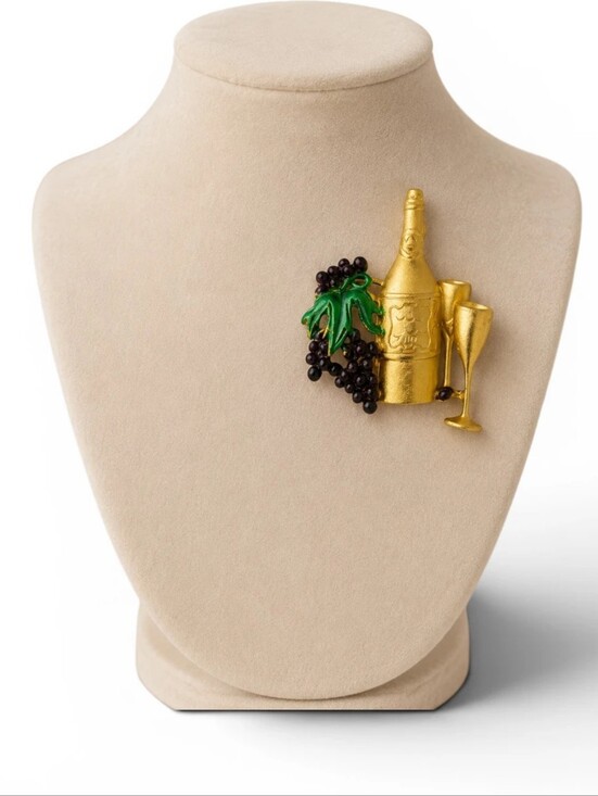 Ajc Jewelry - Vintage 80s AJC Signed Matte Gold Wine Bottle & Glasses Brooch